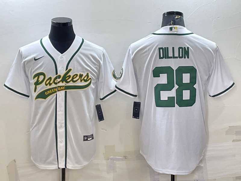 Men%27s Green Bay Packers #28 AJ Dillon White With Patch Cool Base Stitched Baseball Jersey->green bay packers->NFL Jersey